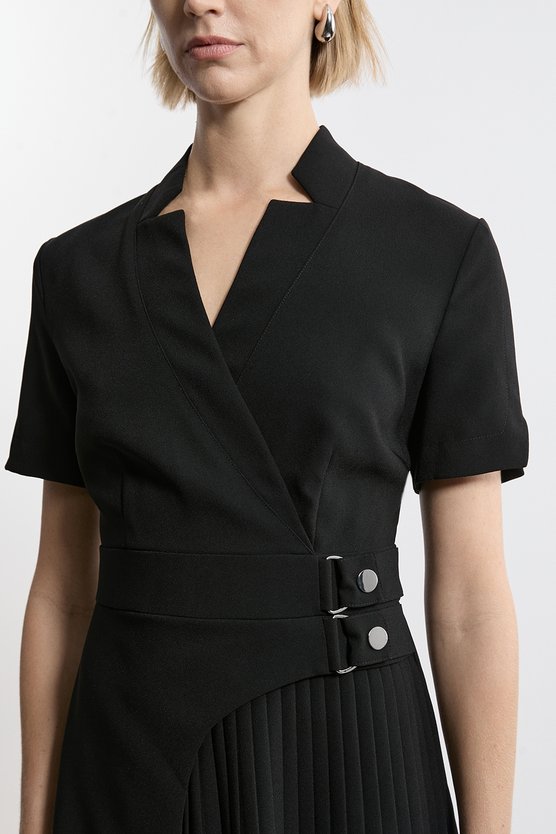 Karen Millen Tailored Crepe Military Pleat Notch Neck Wrap Mini Dress Black