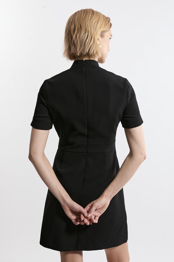 Karen Millen Tailored Crepe Military Pleat Notch Neck Wrap Mini Dress Black