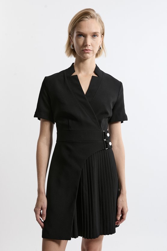 karen millen Tailored Crepe Military Pleat Notch Neck Wrap Mini Dress black