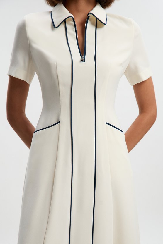 Karen Millen Tailored Crepe Tipped Tailored Midi Shirt Dress Ivory