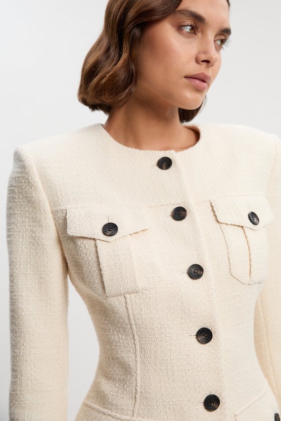 Karen Millen Tailored Pocket Front Midi Dress Cream