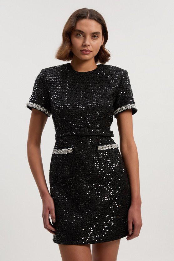 Karen Millen Tailored Sequin Tweed Tie Bow Neck Embellished Mini Dress Black