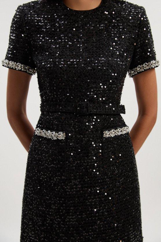 Karen Millen Tailored Sequin Tweed Tie Bow Neck Embellished Mini Dress Black