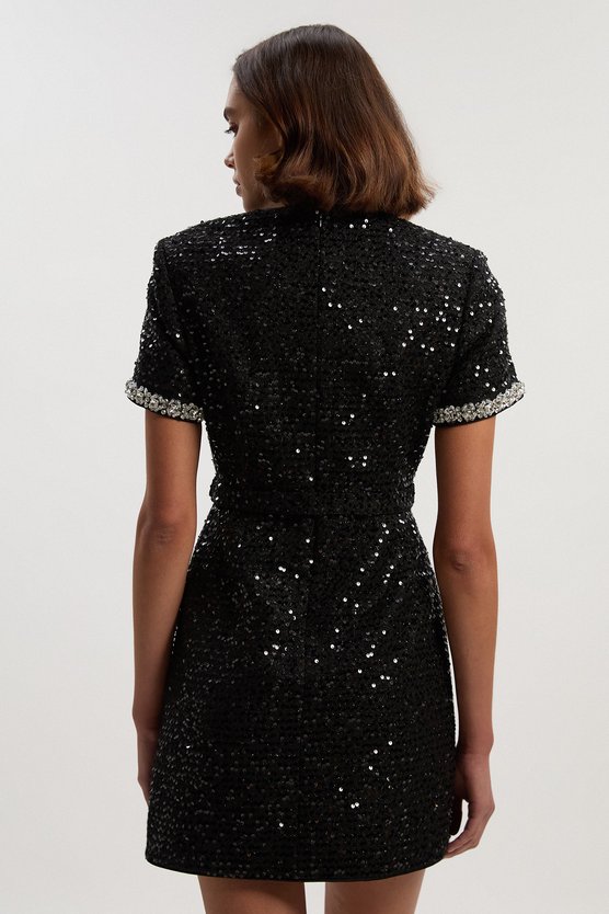 Karen Millen Tailored Sequin Tweed Tie Bow Neck Embellished Mini Dress Black