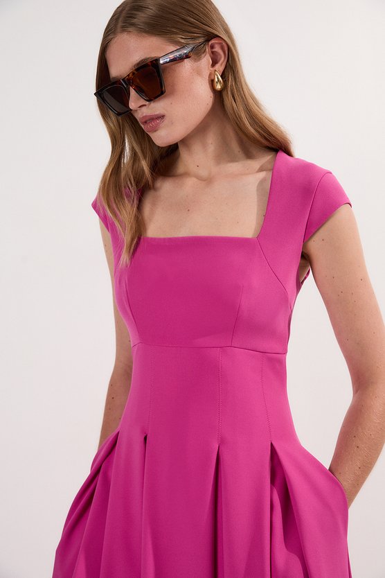 Karen Millen Tailored Square Neck Full Skirted Midi Dress Fuchsia