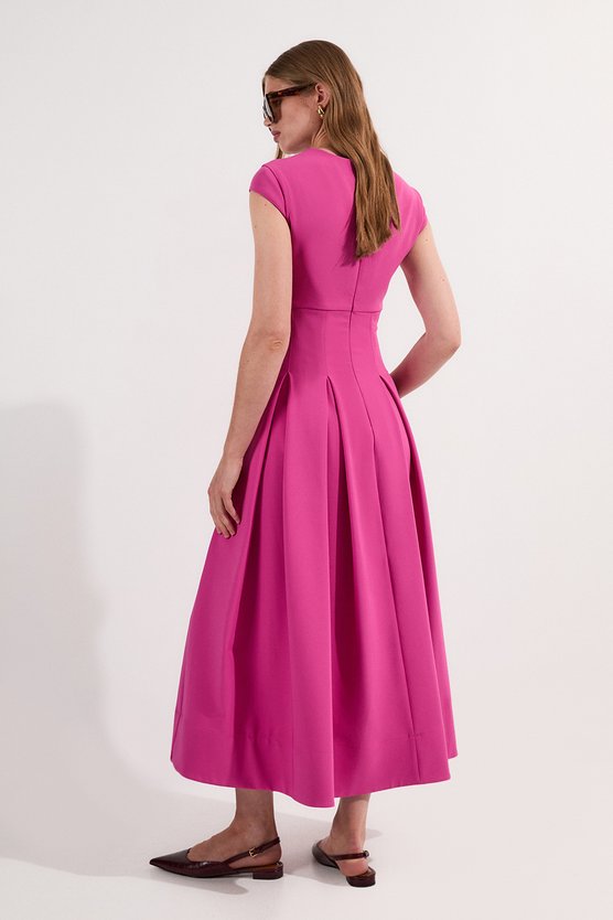 Karen Millen Tailored Square Neck Full Skirted Midi Dress Fuchsia