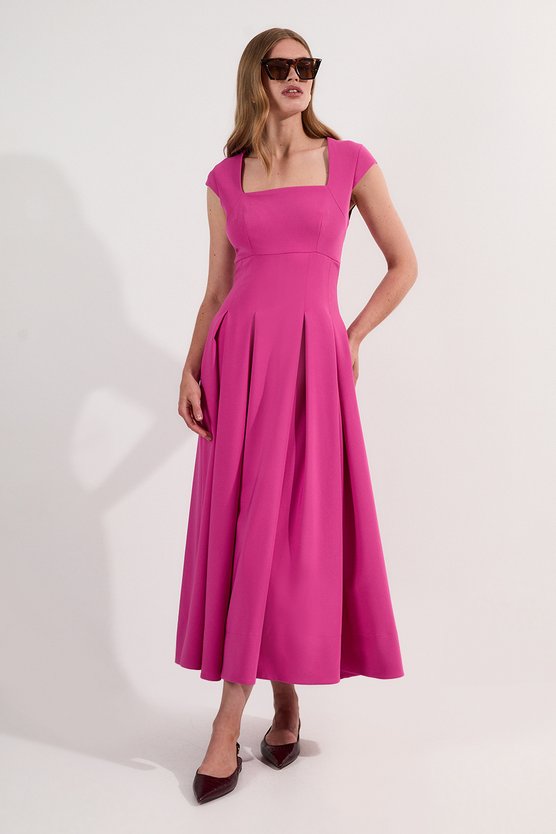 karen millen Tailored Square Neck Full Skirted Midi Dress fuchsia