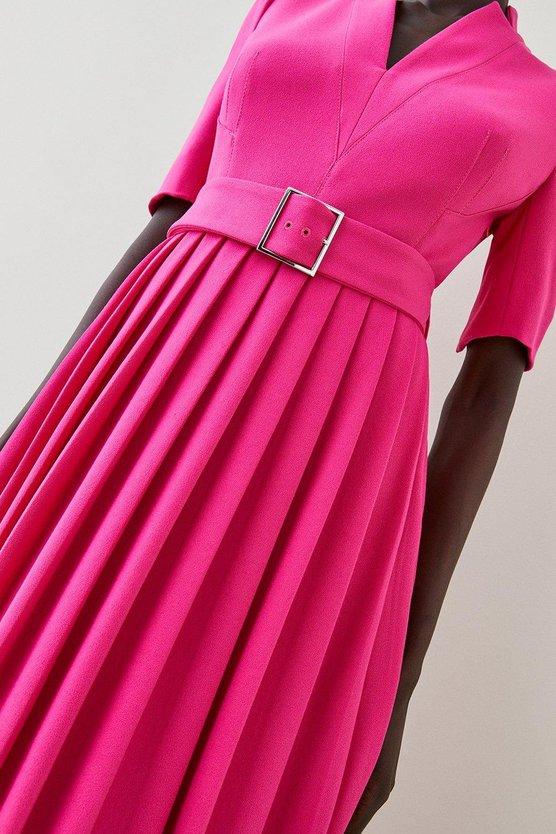 Karen Millen Tailored Structured Crepe Forever Pleat Belted Midi Dress Magenta