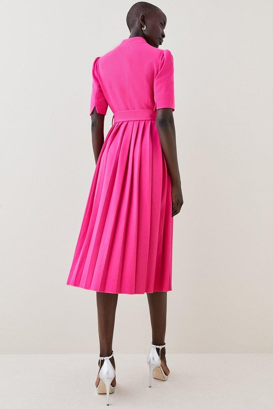 Karen Millen Tailored Structured Crepe Forever Pleat Belted Midi Dress Magenta