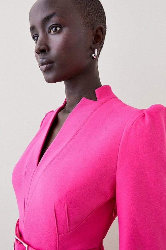 Karen Millen Tailored Structured Crepe Forever Pleat Belted Midi Dress Magenta