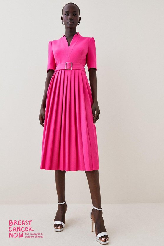 karen millen Tailored Structured Crepe Forever Pleat Belted Midi Dress magenta