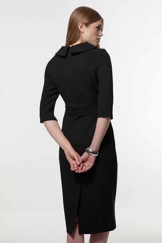 Karen Millen Tailored Structured Crepe Roll Neck Pencil Midi Dress Black