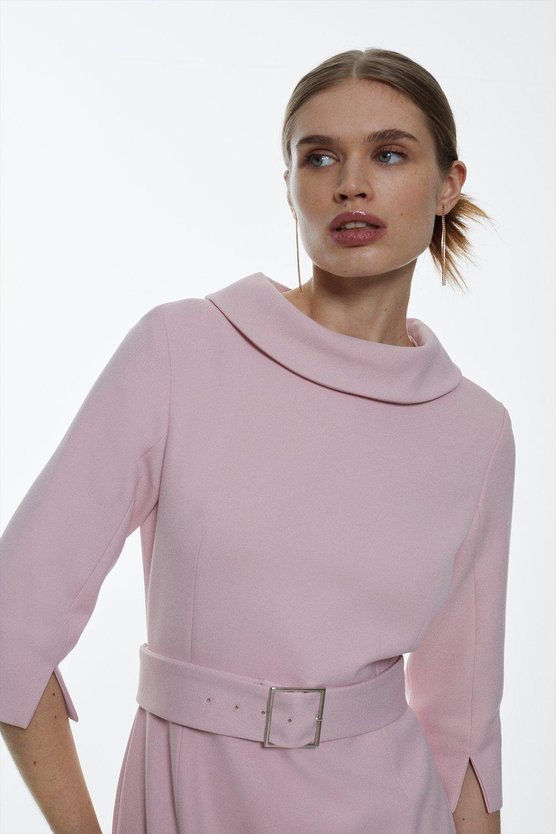 Karen Millen Tailored Structured Crepe Roll Neck Pencil Midi Dress Blush