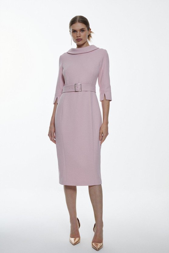 karen millen Tailored Structured Crepe Roll Neck Pencil Midi Dress blush