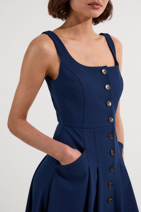 Karen Millen Tailored Textured Button Though Strappy Full Midi Dress Navy