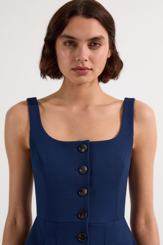 Karen Millen Tailored Textured Button Though Strappy Full Midi Dress Navy