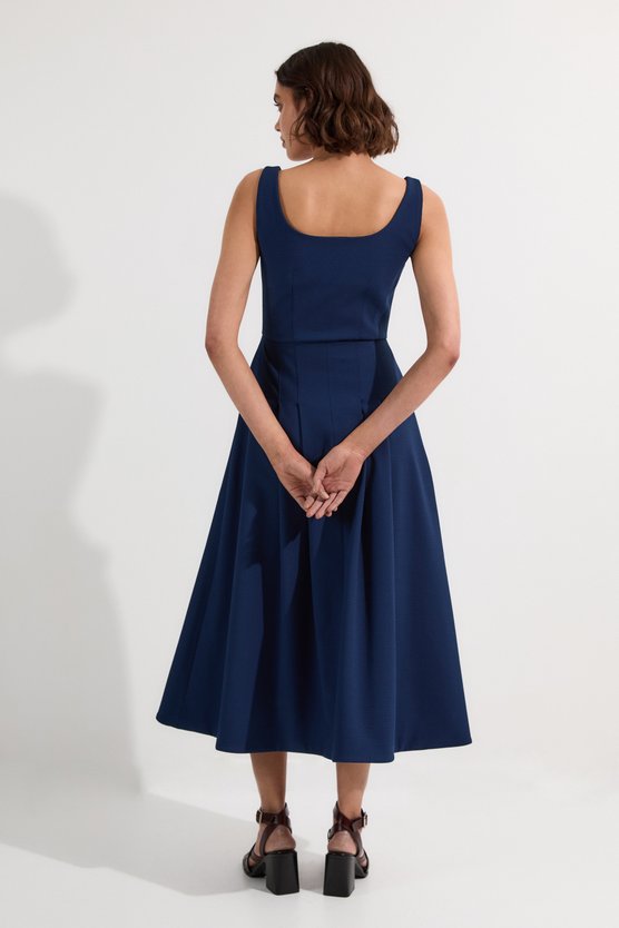 Karen Millen Tailored Textured Button Though Strappy Full Midi Dress Navy
