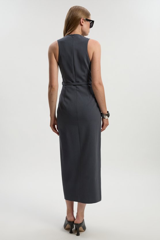 Karen Millen Tailored Twill Essential Sleeveless Belted Pencil Maxi Dress Grey
