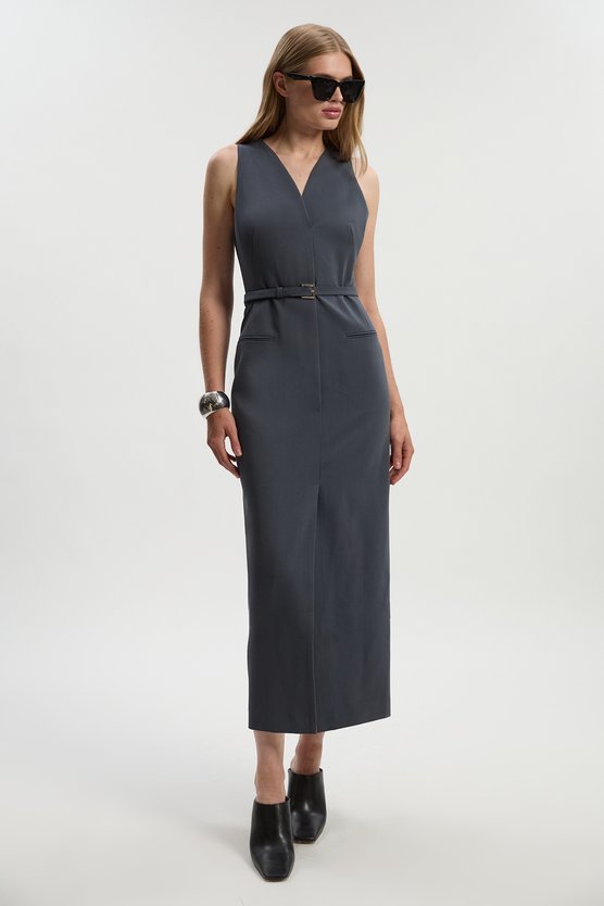 karen millen Tailored Twill Essential Sleeveless Belted Pencil Maxi Dress grey
