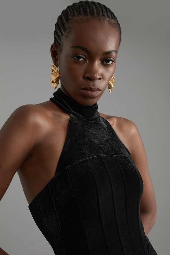 Karen Millen Tailored Velvet Halter Neck Maxi Dress Black