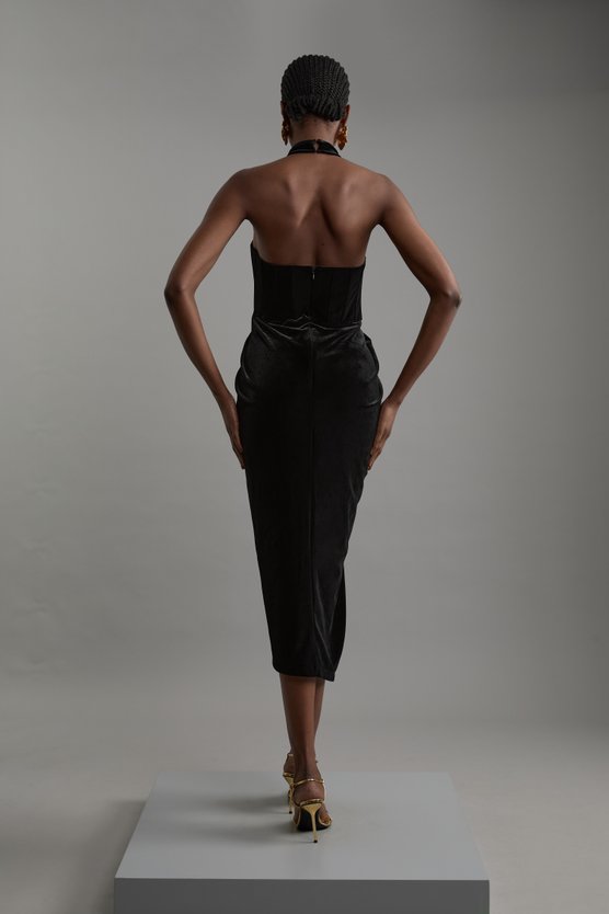 Karen Millen Tailored Velvet Halter Neck Maxi Dress Black