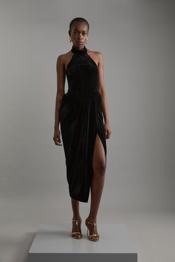 karen millen Tailored Velvet Halter Neck Maxi Dress black