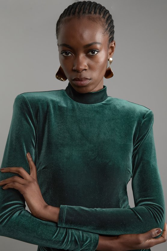 Karen Millen Tailored Velvet High Neck Mini Dress Emerald