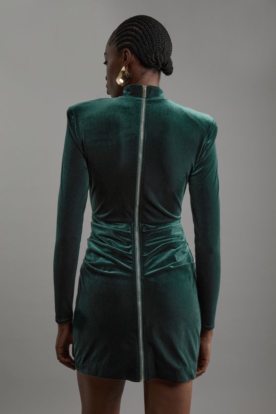 Karen Millen Tailored Velvet High Neck Mini Dress Emerald
