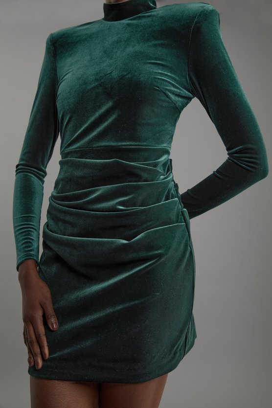 Karen Millen Tailored Velvet High Neck Mini Dress Emerald