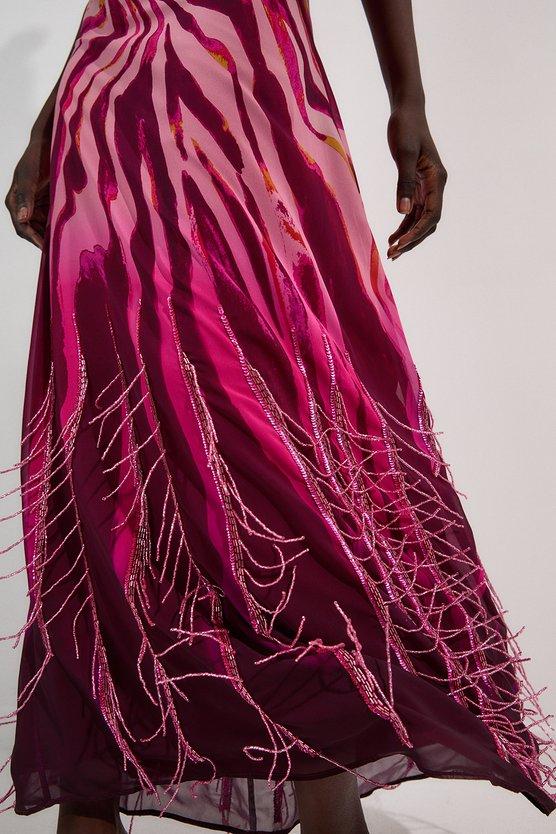 Karen Millen Tall Animal Print Georgette Embellished Short Sleeve Woven Maxi Dress Pink