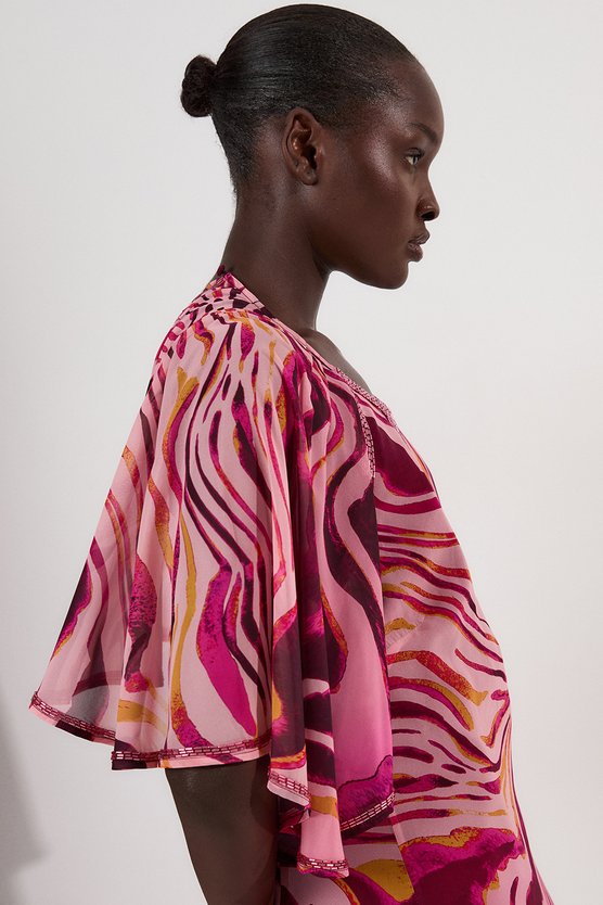 Karen Millen Tall Animal Print Georgette Embellished Short Sleeve Woven Maxi Dress Pink