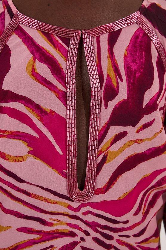 Karen Millen Tall Animal Print Georgette Embellished Short Sleeve Woven Maxi Dress Pink