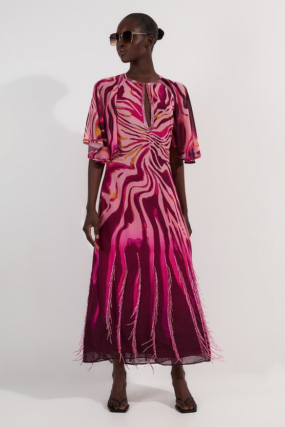 karen millen Tall Animal Print Georgette Embellished Short Sleeve Woven Maxi Dress pink