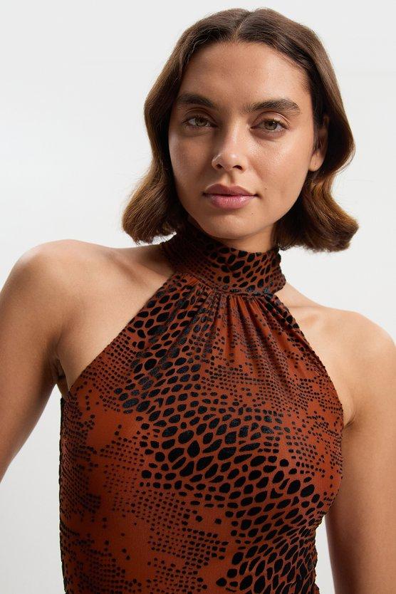 Karen Millen Tall Animal Stretch Velvet Devore Halter Neck Mini Dress Rust