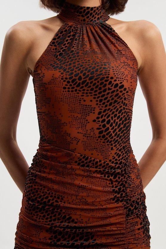 Karen Millen Tall Animal Stretch Velvet Devore Halter Neck Mini Dress Rust
