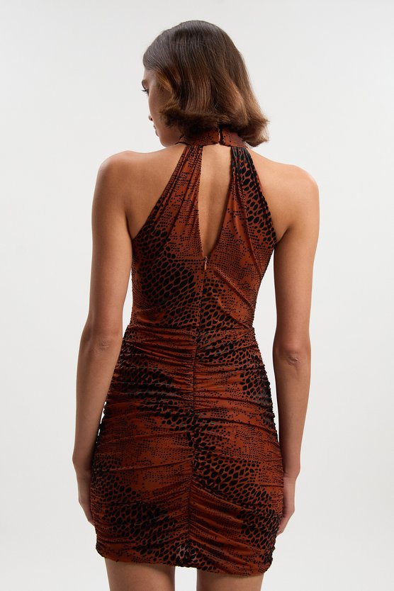 Karen Millen Tall Animal Stretch Velvet Devore Halter Neck Mini Dress Rust