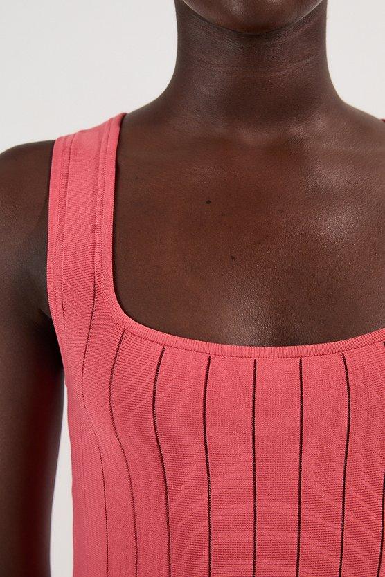 Karen Millen Tall Compact Stretch Square Neck Knitted Flippy Dress Coral