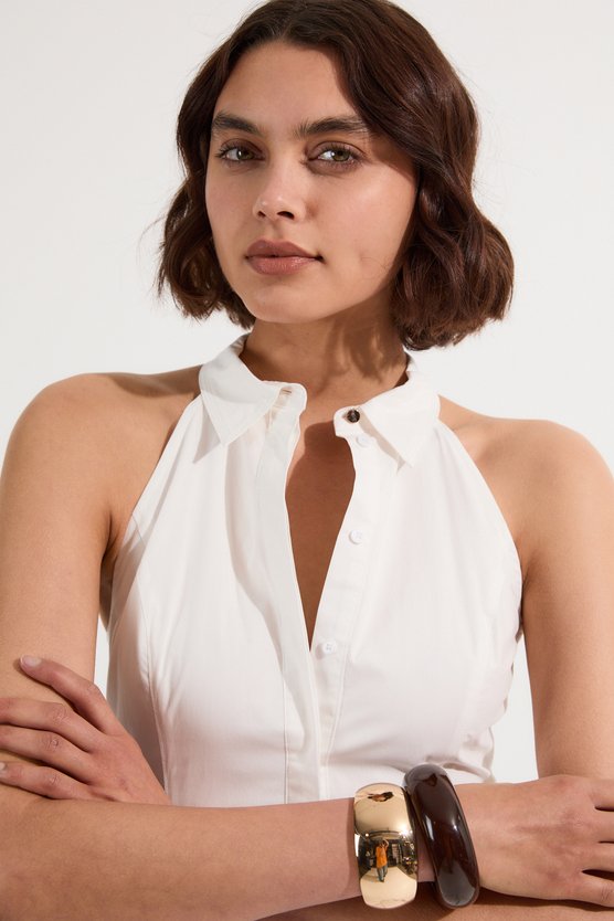 Karen Millen Tall Cotton Collared Halter Neck Woven Midi Shirt Dress With Dropped Waist Detail White