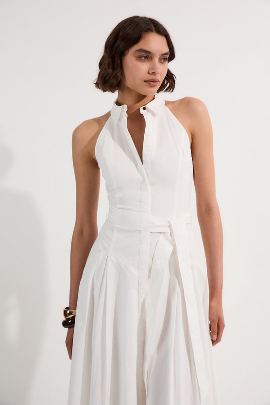 Karen Millen Tall Cotton Collared Halter Neck Woven Midi Shirt Dress With Dropped Waist Detail White