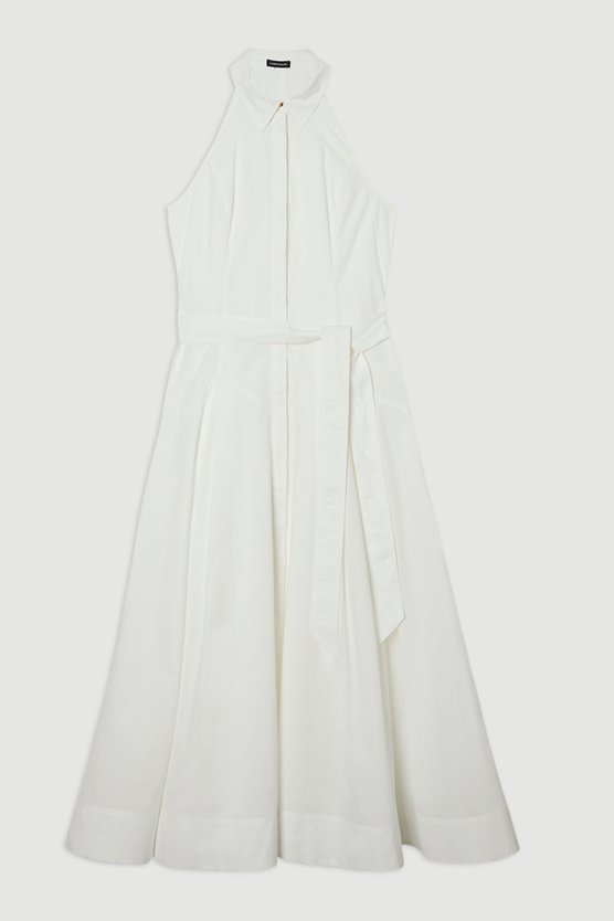 Karen Millen Tall Cotton Collared Halter Neck Woven Midi Shirt Dress With Dropped Waist Detail White