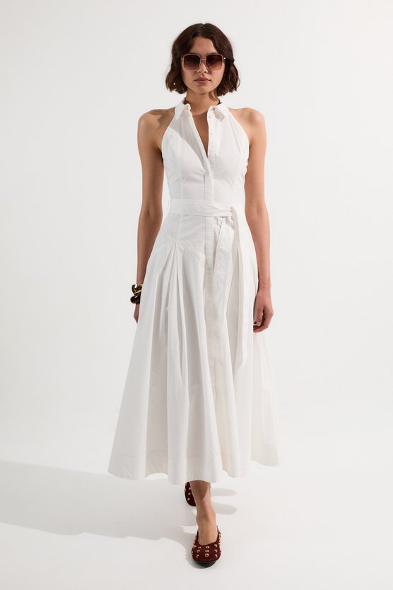 karen millen Tall Cotton Collared Halter Neck Woven Midi Shirt Dress With Dropped Waist Detail white