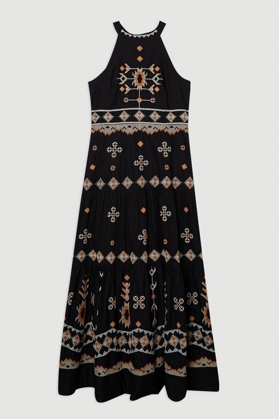 Karen Millen Tall Cotton Embroidered Woven Halter Maxi Dress Black