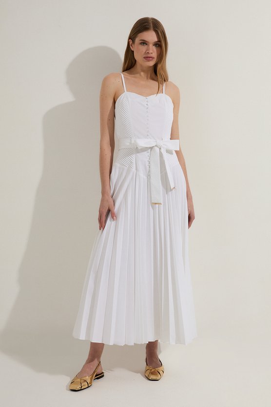 Karen Millen Tall Cotton Top Stitch Dropped Waist Woven Strappy Midi Dress White