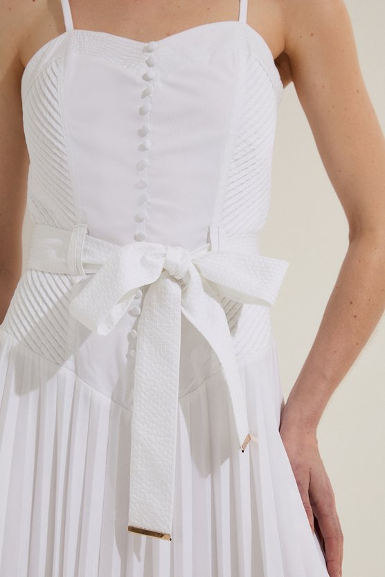 Karen Millen Tall Cotton Top Stitch Dropped Waist Woven Strappy Midi Dress White