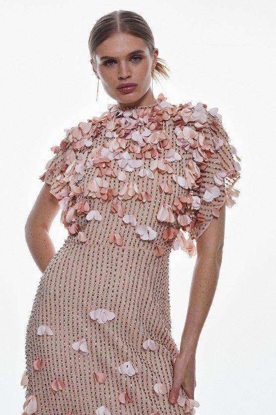 Karen Millen Tall Crystal Applique Angel Sleeve Woven Maxi Dress Pink