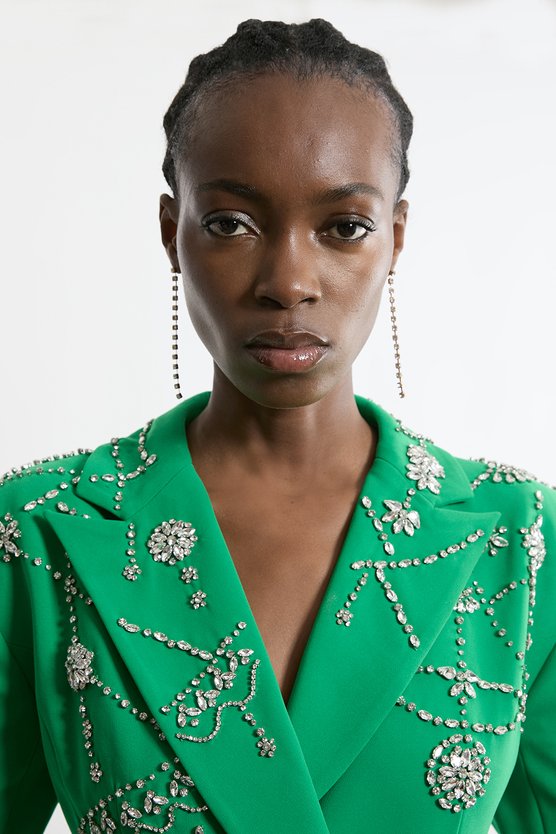 Karen Millen Tall Crystal Embelished Cady Blazer Woven Mini Dress Emerald