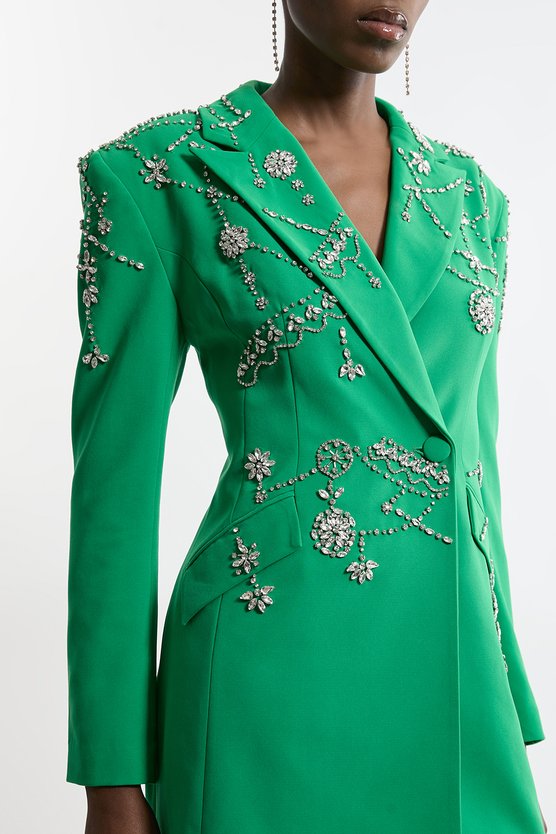 Karen Millen Tall Crystal Embelished Cady Blazer Woven Mini Dress Emerald