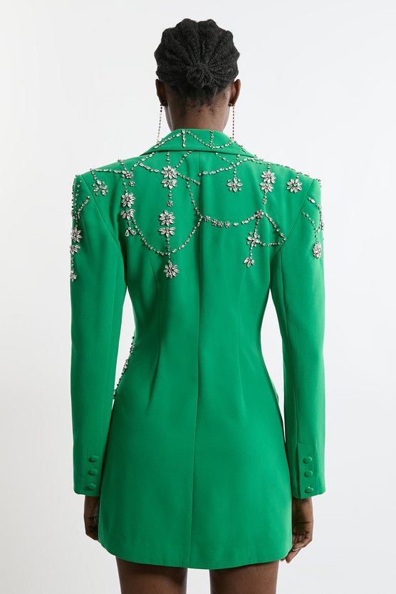 Karen Millen Tall Crystal Embelished Cady Blazer Woven Mini Dress Emerald