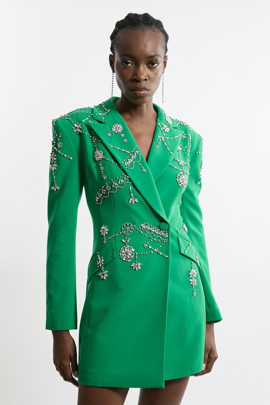 karen millen Tall Crystal Embelished Cady Blazer Woven Mini Dress emerald