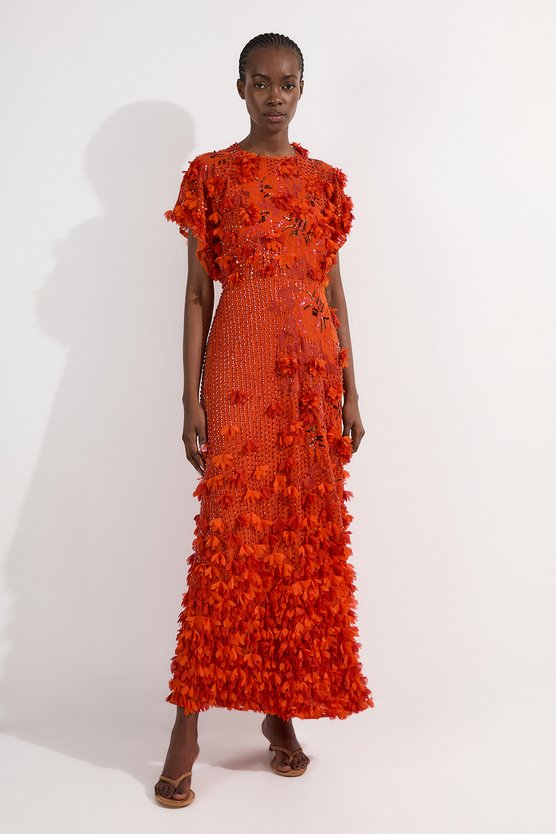 Karen Millen Tall Embroidery And Applique Angel Sleeve Woven Maxi Dress Orange